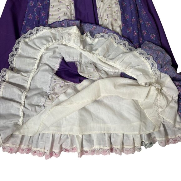 Vintage 80s Floral Prairie Skirt Lace Trim Medium Purple Patchwork Squaredancing - Picture 5 of 6